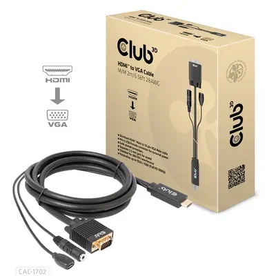 Club 3D Kábel - CAC-1712 (HDMI to VGA, M/M, 2m, 28AWG, 1080p, 3.5mm jack, Micro USB táplálás)