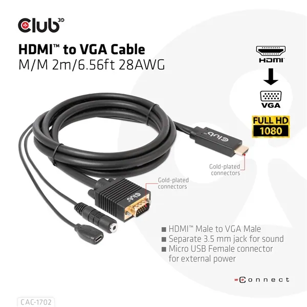Club 3D Kábel - CAC-1712 (HDMI to VGA, M/M, 2m, 28AWG, 1080p, 3.5mm jack, Micro USB táplálás) – 2. kép