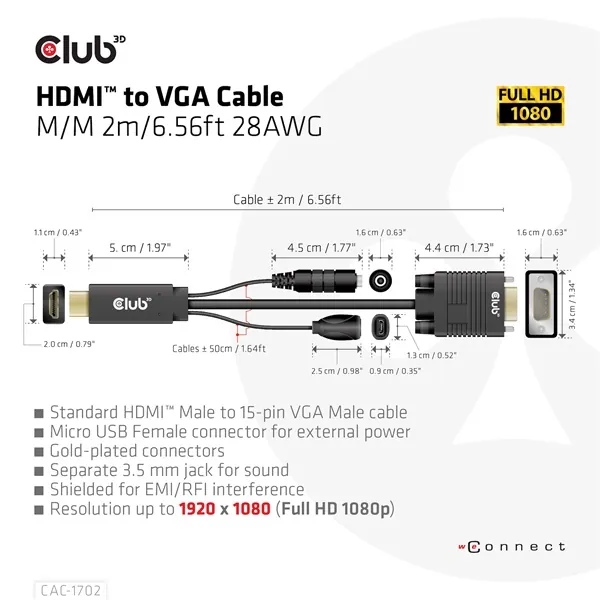 Club 3D Kábel - CAC-1712 (HDMI to VGA, M/M, 2m, 28AWG, 1080p, 3.5mm jack, Micro USB táplálás) – 3. kép
