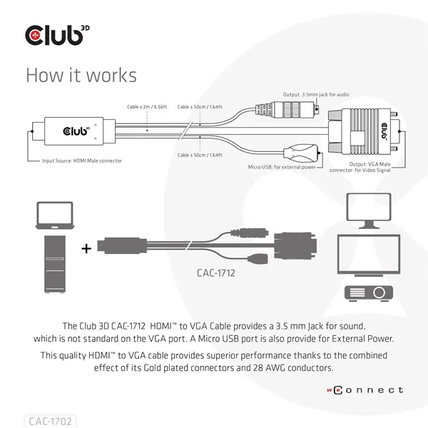 Club 3D Kábel - CAC-1712 (HDMI to VGA, M/M, 2m, 28AWG, 1080p, 3.5mm jack, Micro USB táplálás) – 4. kép