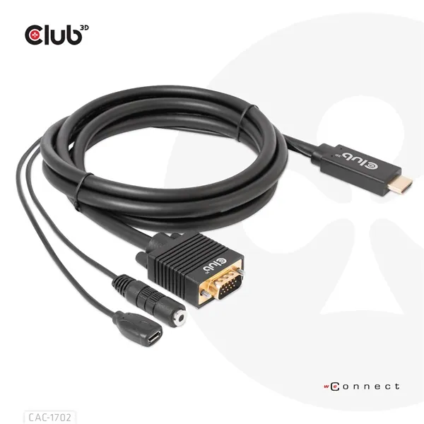Club 3D Kábel - CAC-1712 (HDMI to VGA, M/M, 2m, 28AWG, 1080p, 3.5mm jack, Micro USB táplálás) – 5. kép