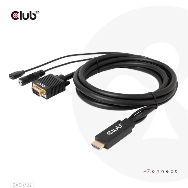 Club 3D Kábel - CAC-1712 (HDMI to VGA, M/M, 2m, 28AWG, 1080p, 3.5mm jack, Micro USB táplálás) – 6. kép
