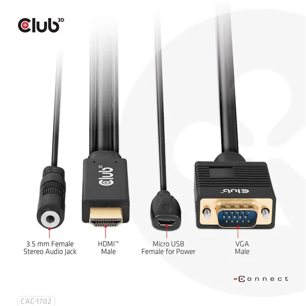 Club 3D Kábel - CAC-1712 (HDMI to VGA, M/M, 2m, 28AWG, 1080p, 3.5mm jack, Micro USB táplálás) – 7. kép