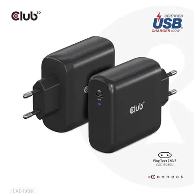 Club 3D Hálózati Adapter - CAC-1908EU (100W GAN, USB-IF, egyportos USB-C, PD 3.0 támogatás)