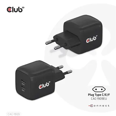Club 3D Hálózati Adapter - CAC-1909EU (45W GAN, USB-C Dual Port, PD 3.0, PPS, Kétportos)