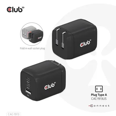 Club 3D Hálózati Adapter - CAC-1913EU (65W GAN, Triple port 2xUSB-C 1xUSB-A PD 3.0) – 2. kép