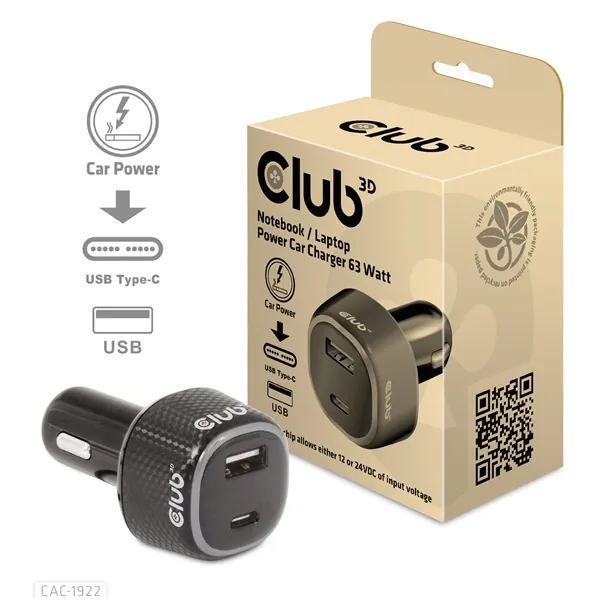Club 3D Autós Töltő - CAC-1922 (63W, USB-A, USB-C, 12-24V, QC3.0)