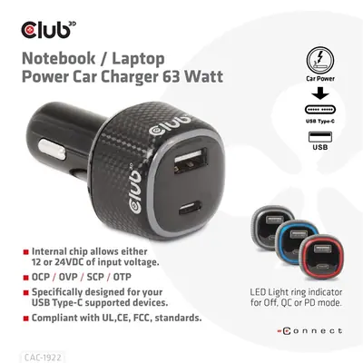 Club 3D Autós Töltő - CAC-1922 (63W, USB-A, USB-C, 12-24V, QC3.0) – 2. kép