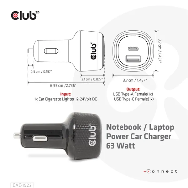 Club 3D Autós Töltő - CAC-1922 (63W, USB-A, USB-C, 12-24V, QC3.0) – 3. kép