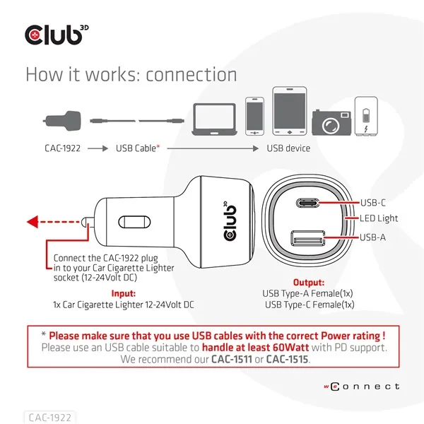 Club 3D Autós Töltő - CAC-1922 (63W, USB-A, USB-C, 12-24V, QC3.0) – 4. kép