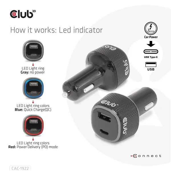 Club 3D Autós Töltő - CAC-1922 (63W, USB-A, USB-C, 12-24V, QC3.0) – 5. kép
