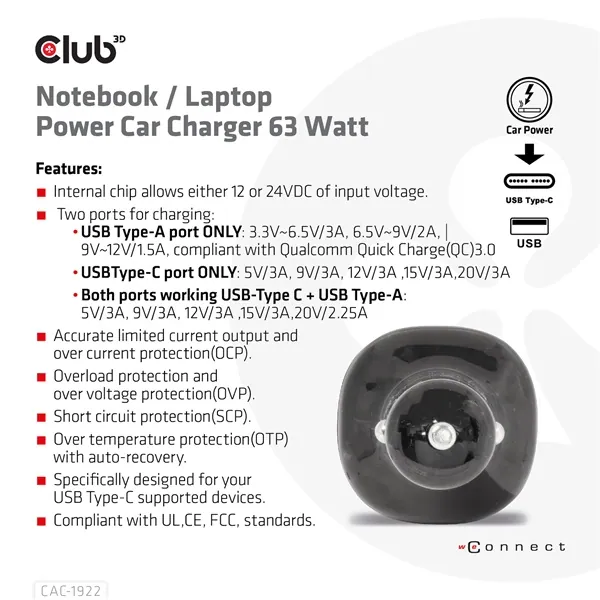 Club 3D Autós Töltő - CAC-1922 (63W, USB-A, USB-C, 12-24V, QC3.0) – 6. kép