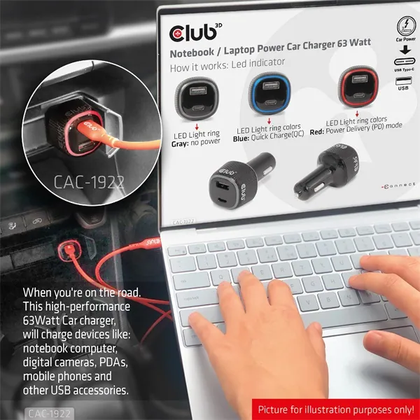 Club 3D Autós Töltő - CAC-1922 (63W, USB-A, USB-C, 12-24V, QC3.0) – 7. kép
