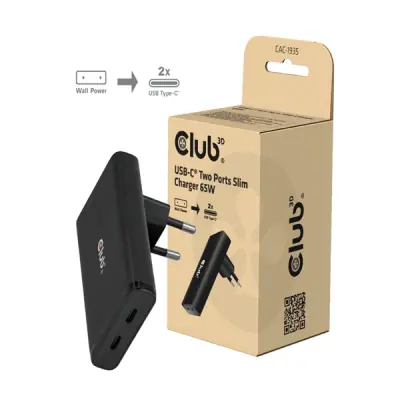Club 3D Hálózati Adapter - CAC-1935 (65W 2xUSB-C, PD3.1, túltöltés védelem, kicsi méret, fekete)