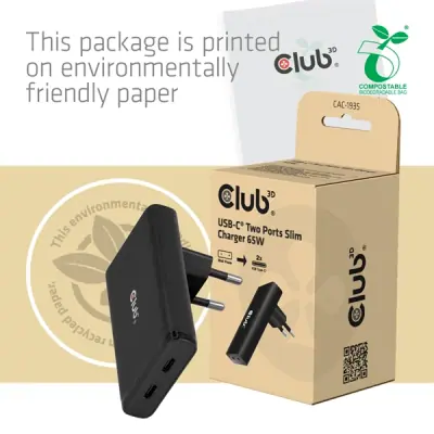 Club 3D Hálózati Adapter - CAC-1935 (65W 2xUSB-C, PD3.1, túltöltés védelem, kicsi méret, fekete) – 2. kép