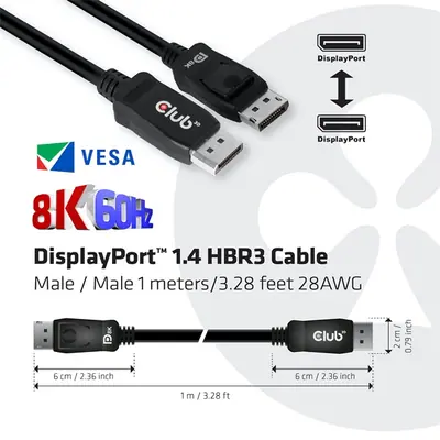 Club 3D Kábel - CAC-2067 (DisplayPort 1.4, HBR3, 8K60Hz, 1m, M/M, VESA minősítés) – 2. kép