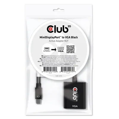 Club 3D Átalakító - CAC-2113 (Mini DisplayPor 1.1a to VGA, fekete, aktív, 1920x1200@60Hz, kompatibilis AMD/Nvidia/Intel)