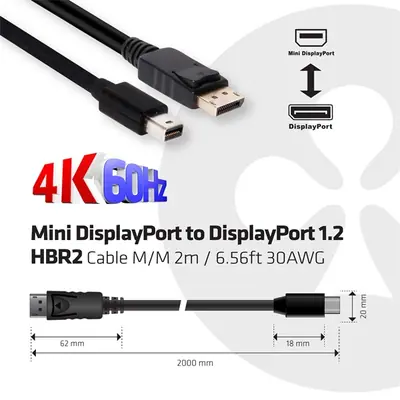 Club 3D Kábel - CAC-2163 (Mini DisplayPort to DisplayPort 1.2, 2m, 4K 60Hz, Bidirektional, 21.6Gbps, zárral) – 2. kép