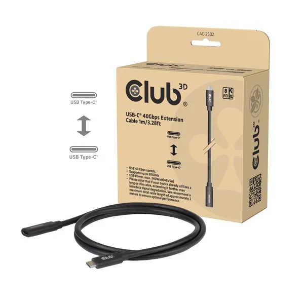 Club 3D Kábel - CAC-2502 (USB-C to USB-C, M/F, 40Gbps, 8K60Hz, 240W, DP 1.4 Alternate Mode, 1m)