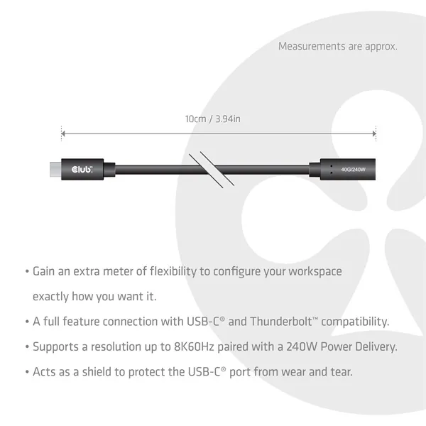 Club 3D Kábel - CAC-2502 (USB-C to USB-C, M/F, 40Gbps, 8K60Hz, 240W, DP 1.4 Alternate Mode, 1m) – 6. kép