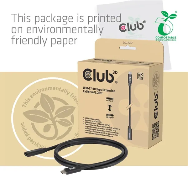 Club 3D Kábel - CAC-2502 (USB-C to USB-C, M/F, 40Gbps, 8K60Hz, 240W, DP 1.4 Alternate Mode, 1m) – 7. kép
