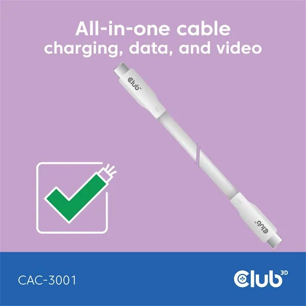 Club 3D Kábel - CAC-3001 (USB-C, PD 240W, 20Gbps, 4K60Hz, fehér, M/M, 2m) – 3. kép