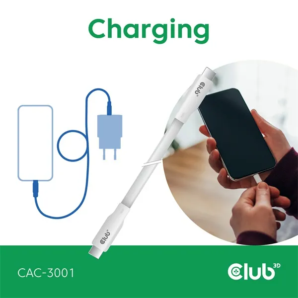 Club 3D Kábel - CAC-3001 (USB-C, PD 240W, 20Gbps, 4K60Hz, fehér, M/M, 2m) – 4. kép