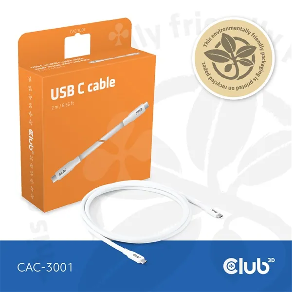 Club 3D Kábel - CAC-3001 (USB-C, PD 240W, 20Gbps, 4K60Hz, fehér, M/M, 2m) – 8. kép