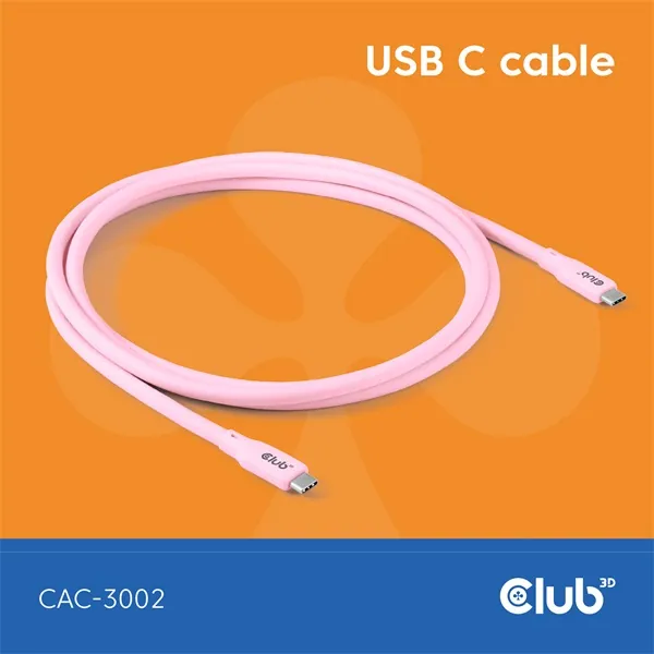Club 3D Kábel - CAC-3002 (USB-C, PD 240W, 20Gbps, 4K60Hz, rózsaszín, M/M, 2m)