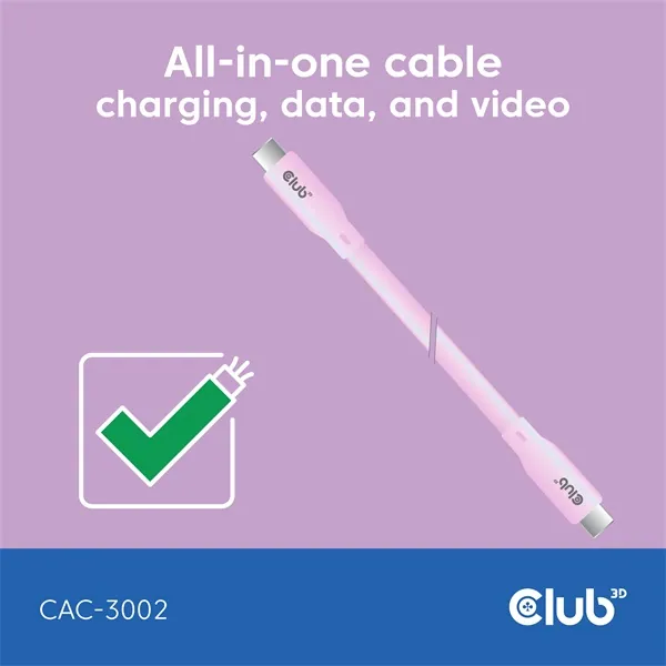 Club 3D Kábel - CAC-3002 (USB-C, PD 240W, 20Gbps, 4K60Hz, rózsaszín, M/M, 2m) – 3. kép