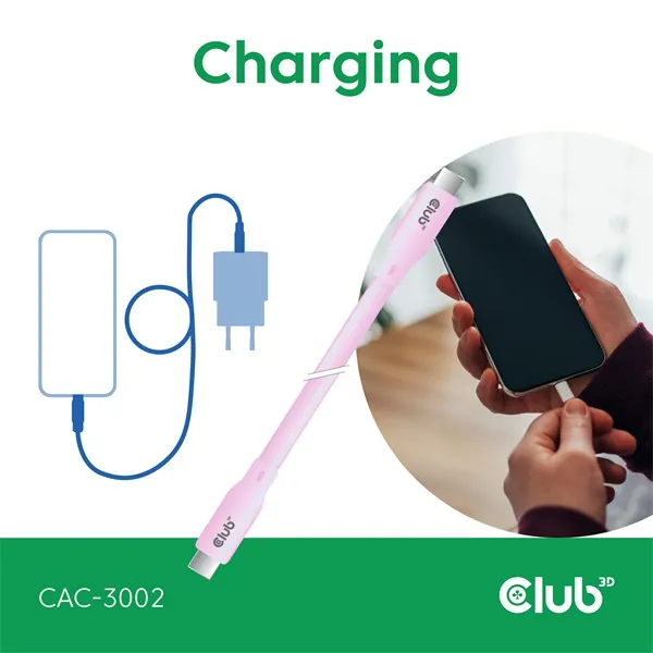 Club 3D Kábel - CAC-3002 (USB-C, PD 240W, 20Gbps, 4K60Hz, rózsaszín, M/M, 2m) – 4. kép