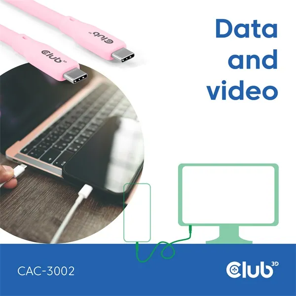 Club 3D Kábel - CAC-3002 (USB-C, PD 240W, 20Gbps, 4K60Hz, rózsaszín, M/M, 2m) – 5. kép