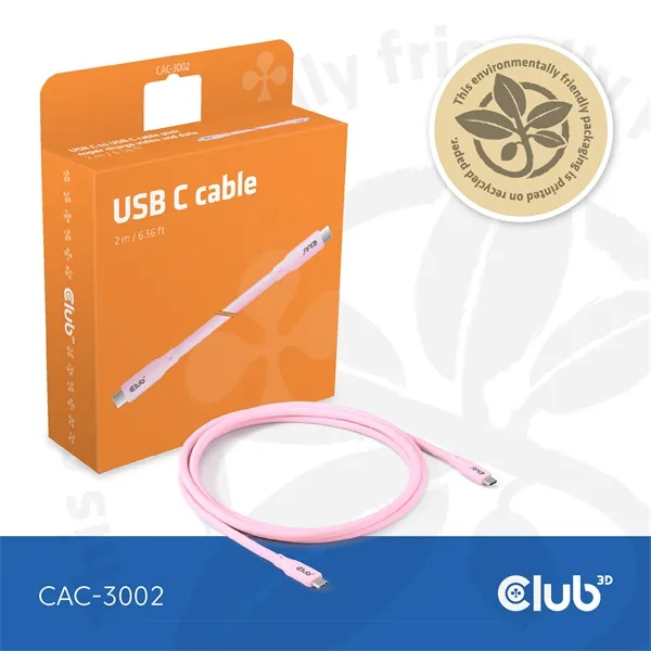 Club 3D Kábel - CAC-3002 (USB-C, PD 240W, 20Gbps, 4K60Hz, rózsaszín, M/M, 2m) – 7. kép