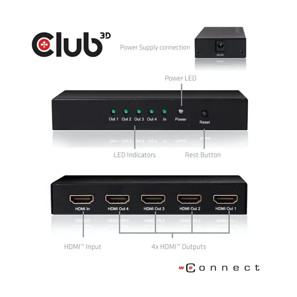 Club 3D Splitter - CSV-1380 (HDMI 2.0, 4K@60Hz UHD, 4 port, 3D támogatás, HDCP 1.4/2.2) – 3. kép