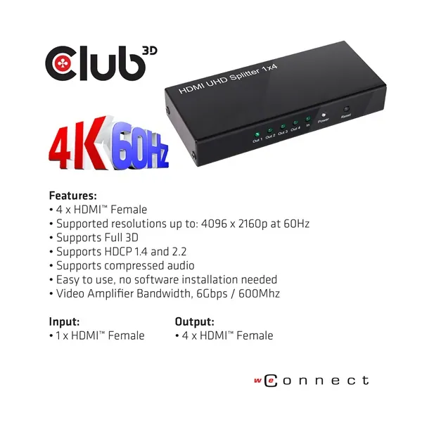 Club 3D Splitter - CSV-1380 (HDMI 2.0, 4K@60Hz UHD, 4 port, 3D támogatás, HDCP 1.4/2.2) – 4. kép