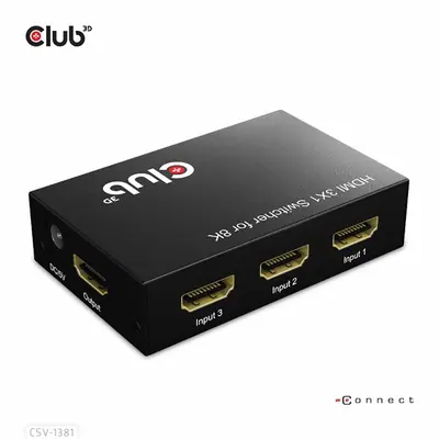 Club 3D Switch - CSV-1381 (3 to 1 HDMI, 8K60Hz/4K120Hz, IR Távirányítóval, HDR, HDCP 2.2/1.4, Metalház) – 2. kép