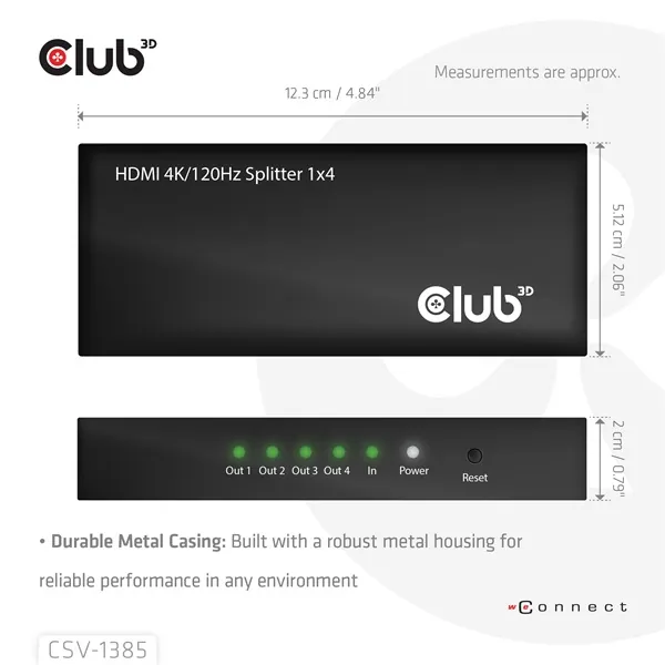 Club 3D Splitter - CSV-1385 (1 to 4 HDMI, 4K120Hz, 3D, HDCP 1.4/2.2, Audio, 6Gbps) – 3. kép