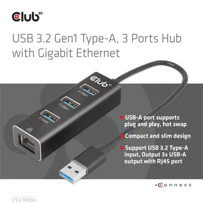 Club 3D USB Hub - CSV-1430A (3.2 USB-A to 3xUSB-A, RJ45) – 2. kép