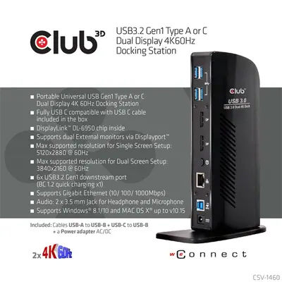 Club 3D Notebook Dokkoló - CSV-1460 (4K60HZ DUAL DISPLAY, 3.1 USB-A to 2x DP, 6x USB3.2, RJ45, 3.5 Jack Audio + Mic) – 2. kép