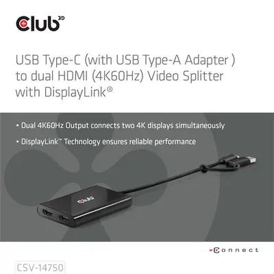 Club 3D Video Splitter - CSV-1475 (4K60HZ, 3.2 USB-C (USB-A Adapterrel) to 2xHDMI, Displaylink) – 2. kép