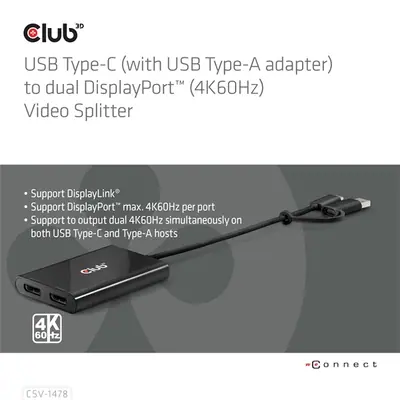 Club 3D Video Splitter - CSV-1478 (4K60HZ, 3.2 USB-C (USB-A adapterrel) to 2xDisplayPort) – 2. kép