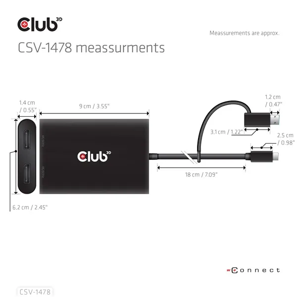 Club 3D Video Splitter - CSV-1478 (4K60HZ, 3.2 USB-C (USB-A adapterrel) to 2xDisplayPort) – 3. kép