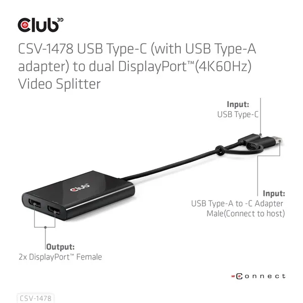 Club 3D Video Splitter - CSV-1478 (4K60HZ, 3.2 USB-C (USB-A adapterrel) to 2xDisplayPort) – 4. kép
