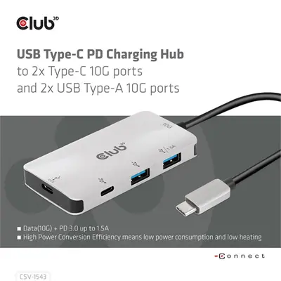 Club 3D USB Hub - CSV-1543 (USB-C Gen 2 to USB-C (data), USB-C (data+charge), USB-A (data), USB-A (data+charge) – 2. kép