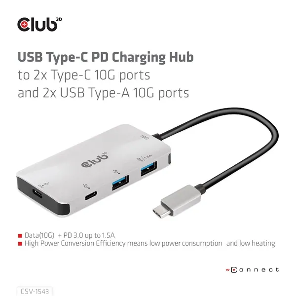 Club 3D USB Hub - CSV-1543 (USB-C Gen 2 to USB-C (data), USB-C (data+charge), USB-A (data), USB-A (data+charge) – 3. kép