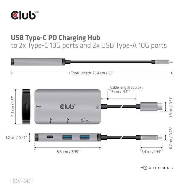 Club 3D USB Hub - CSV-1543 (USB-C Gen 2 to USB-C (data), USB-C (data+charge), USB-A (data), USB-A (data+charge) – 7. kép
