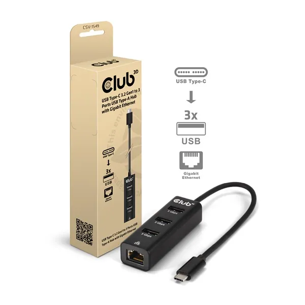 Club 3D USB Hub - CSV-1549 (3.2 USB-C Gen 1 to 3xUSB-A, RJ45,1Gbps)