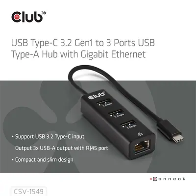Club 3D USB Hub - CSV-1549 (3.2 USB-C Gen 1 to 3xUSB-A, RJ45,1Gbps) – 2. kép