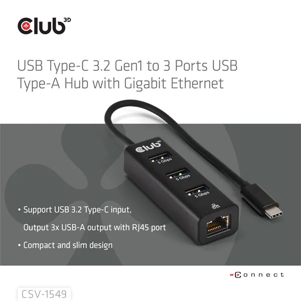 Club 3D USB Hub - CSV-1549 (3.2 USB-C Gen 1 to 3xUSB-A, RJ45,1Gbps) – 2. kép