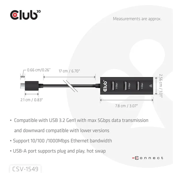 Club 3D USB Hub - CSV-1549 (3.2 USB-C Gen 1 to 3xUSB-A, RJ45,1Gbps) – 3. kép